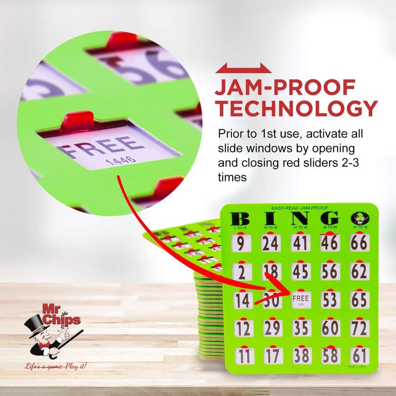 MR CHIPS Jam-Proof Easy-Read Large Print Fingertip Bingo Cards with Sliding Windows 25 Pack in Green Style - Image 2